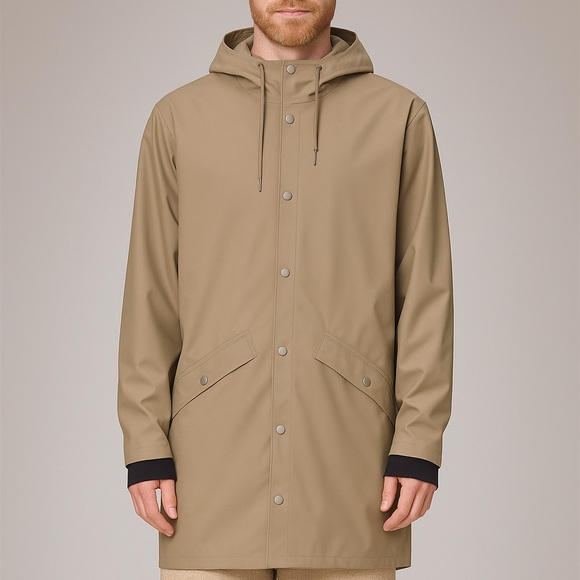 RAINS Long Jacket — Unisex Waterproof Raincoat Khaki (Men's L / Women's XL)